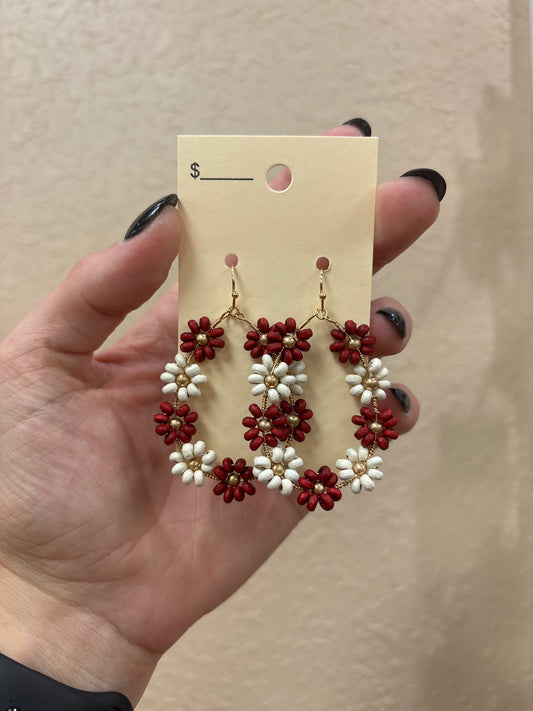 3361- Maroon & Cream Flower Teardrop Earrings