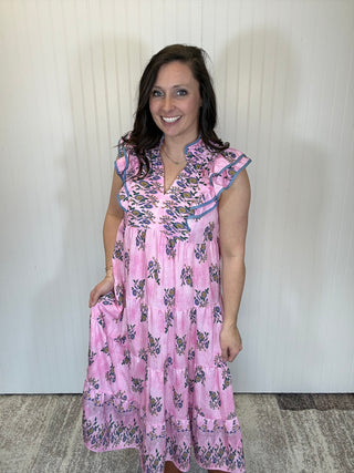 Pink Mix Floral Tiered Midi Dress with Ruffle Sleeve by Umgee