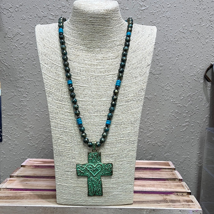 520- Turquoise/Mint Stone Cross Necklace