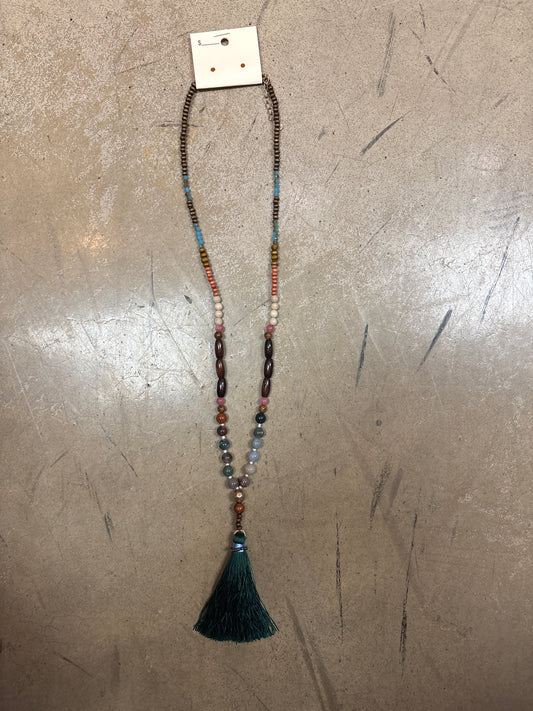 8492- Multi Color Beaded w/ Green Tassel Necklace