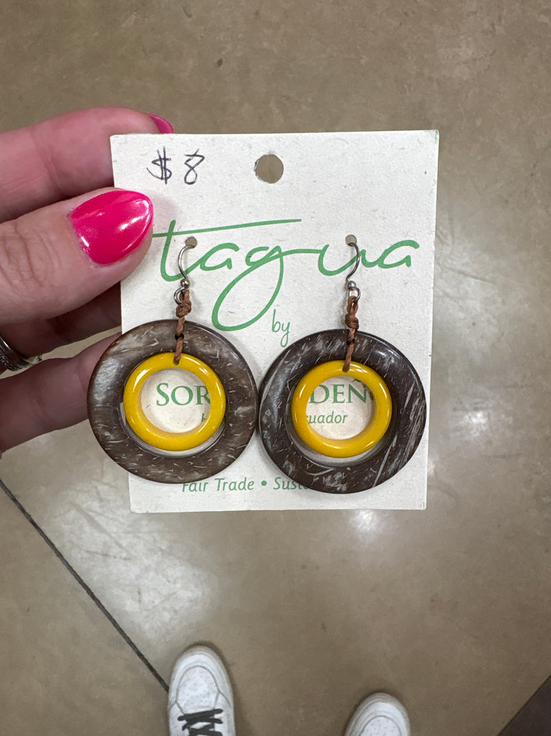 Yellow and Brown Tauga Nut Circle Earrings