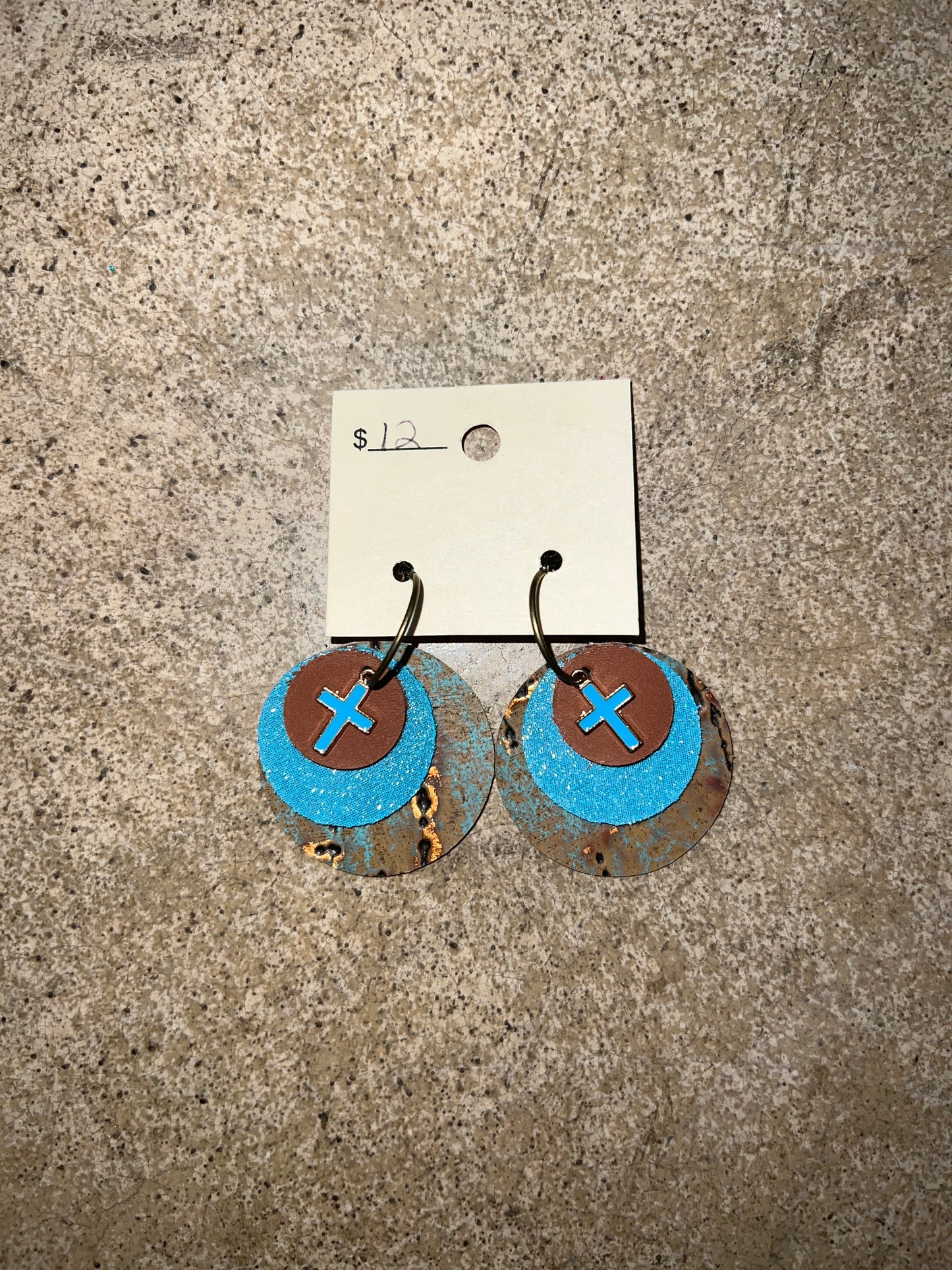 3270- Rustic Turquoise & Brown w/ Cross Pendant Layer Earrings