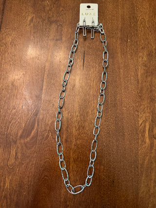 Silver Chain Linked Necklace & Cross Earrings