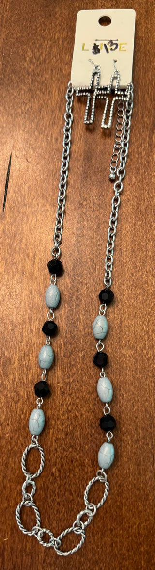 Silver Link Chain with Blue and Black Beads-Cross Earrings