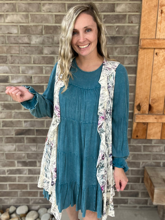 2822- Turquoise Washed Long Sleeve Tier Dress