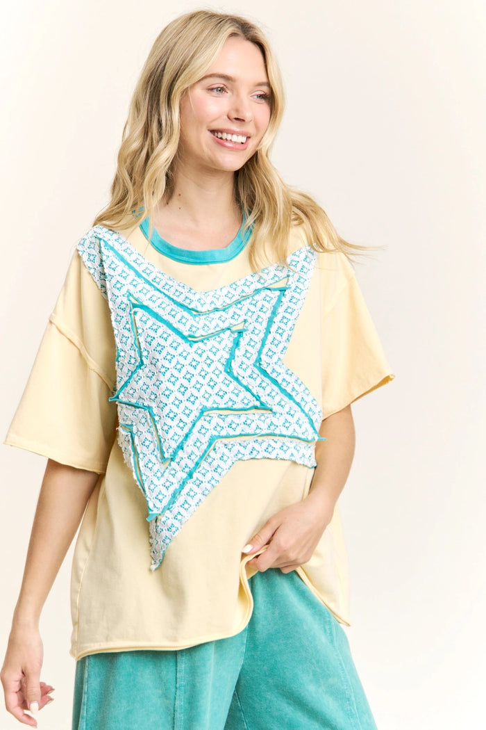 Vanilla Mineral Wash Eyelet Star Patch Short Sleeve Top by J. Her