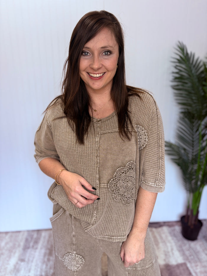 Faded Olive Crochet Patch Mineral Washed Thermal Top by Easel