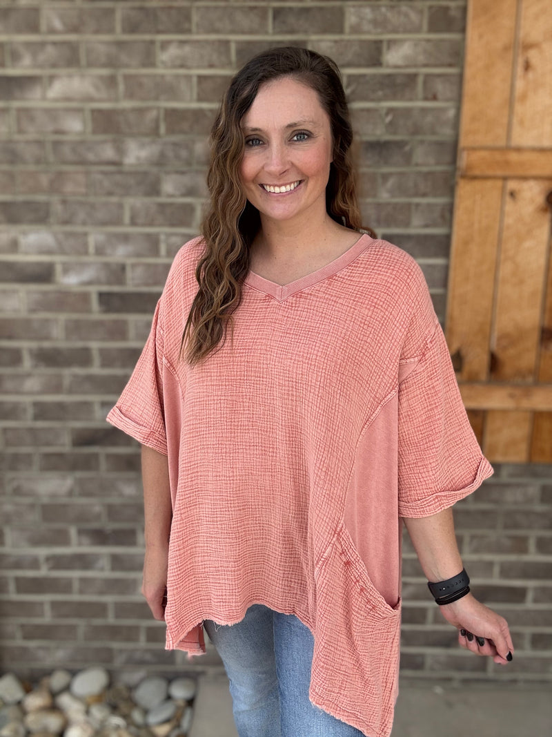 Faded Rust Short Sleeve V-Neck Mineral Wash Top by Easel