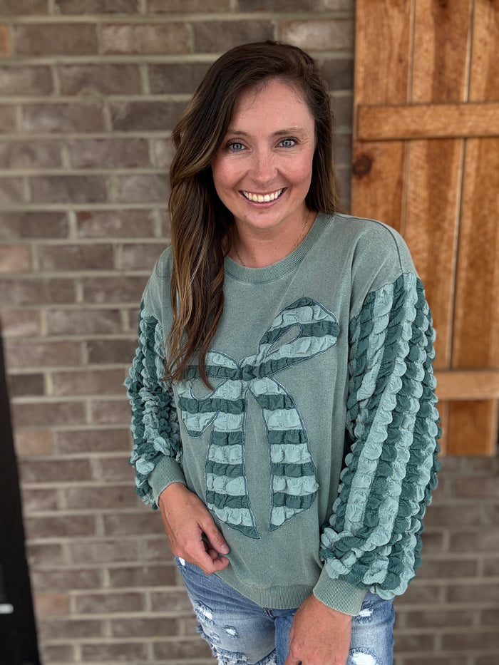 Faded Teal Bow Patch Pullover by Easel