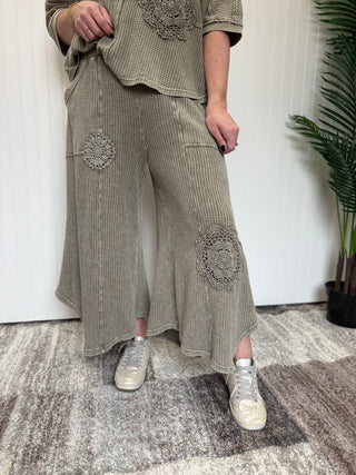 Faded Olive Crochet Patch Thermal Wide Leg Pants by Easel