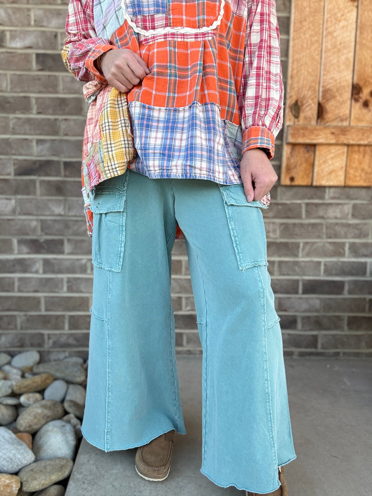 Faded Teal French Terry Pull On Cargo Pants by Easel