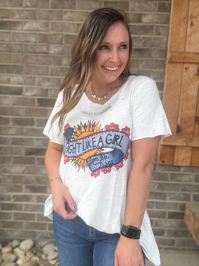 Fight Like A Girl Distressed Graphic Tee by A Rare Bird