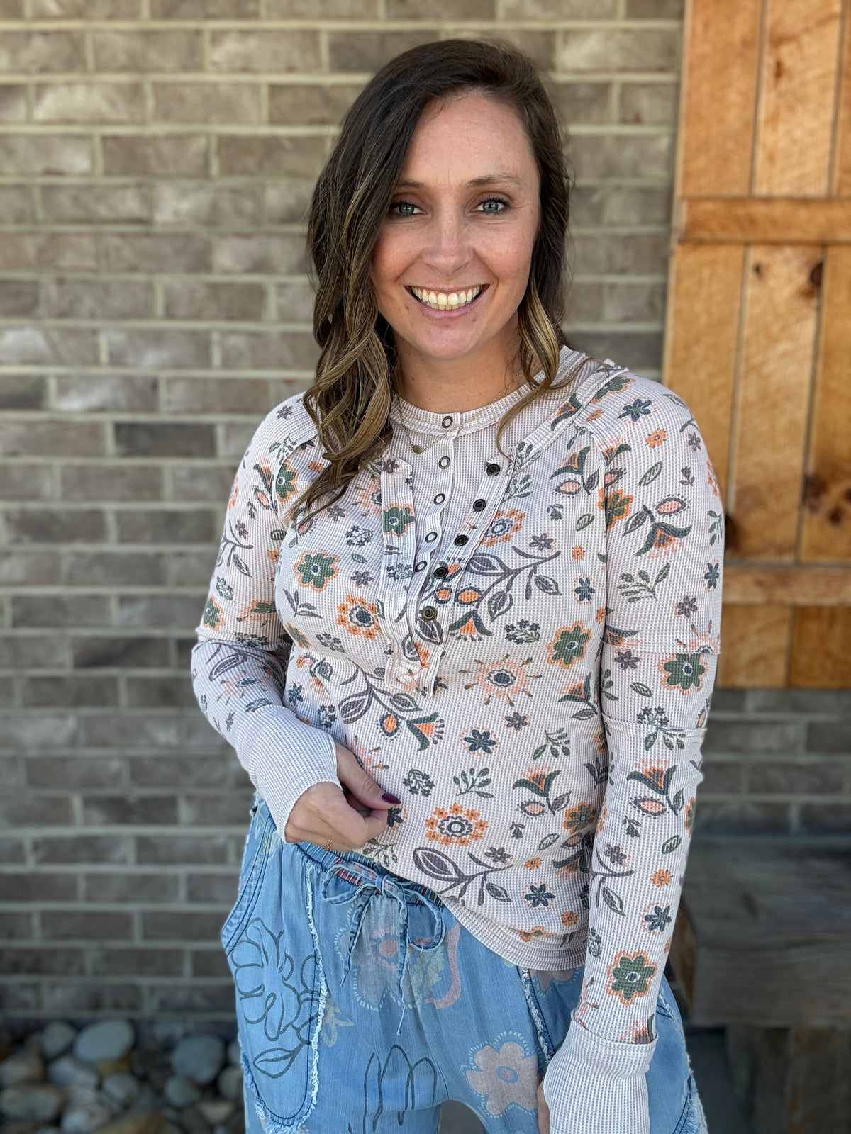 Floral Printed Washed Henley Top by Easel