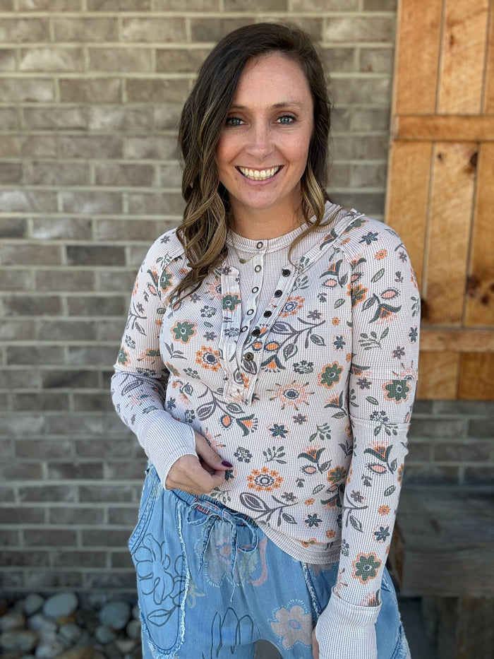 Floral Printed Washed Henley Top by Easel