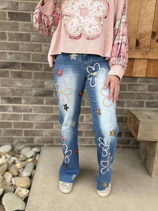 3710- Flower Embroider Denim Pants