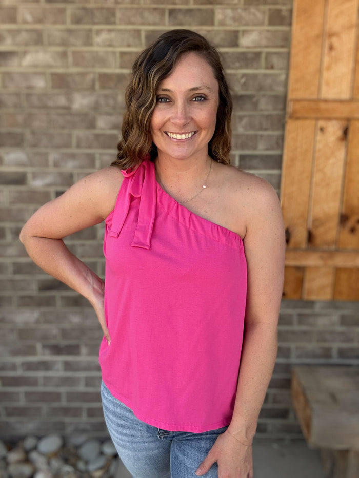 Fuchsia Knit Shoulder Tie Ribbon One Shoulder Top by BiBi