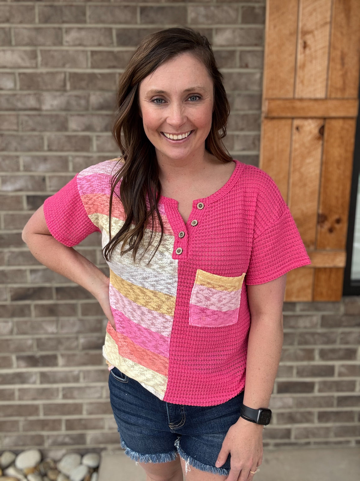 Fuchsia Waffle and Pink Stripe Short Sleeve Henley Top