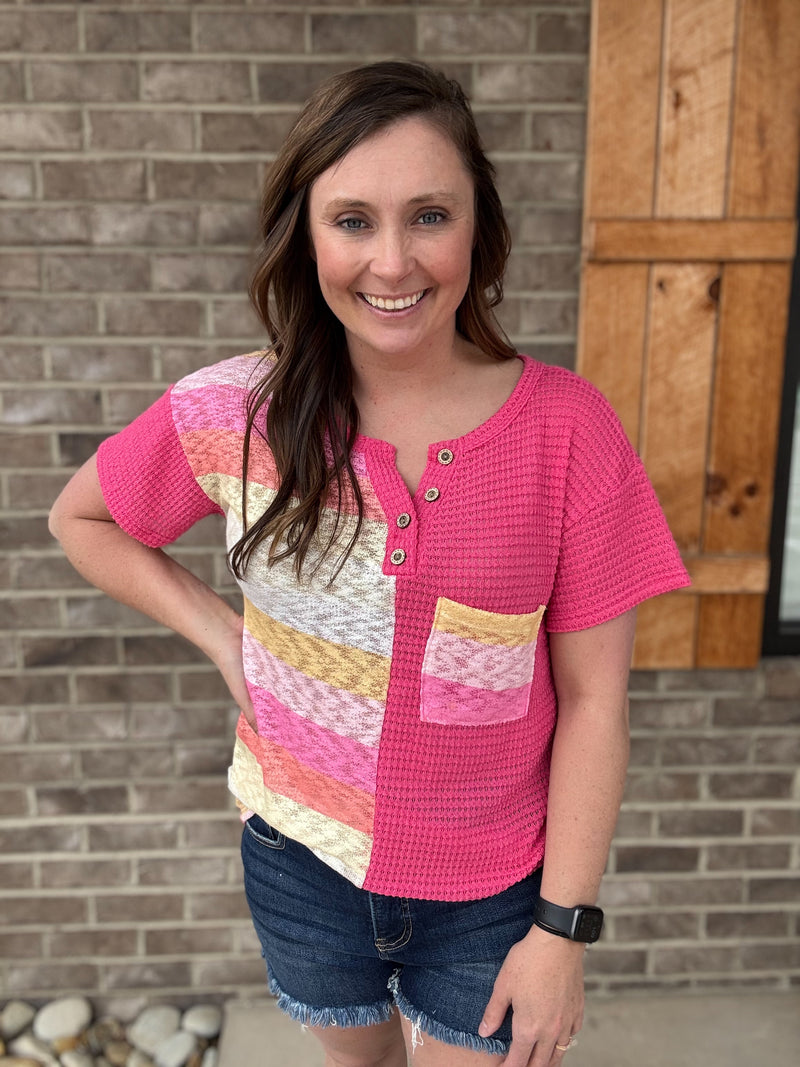 Fuchsia Waffle and Pink Stripe Short Sleeve Henley Top