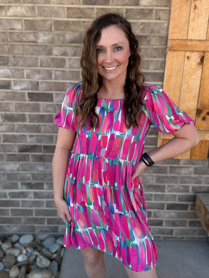 Fuchsia & Green Woven Mix Print Short Sleeve Dress