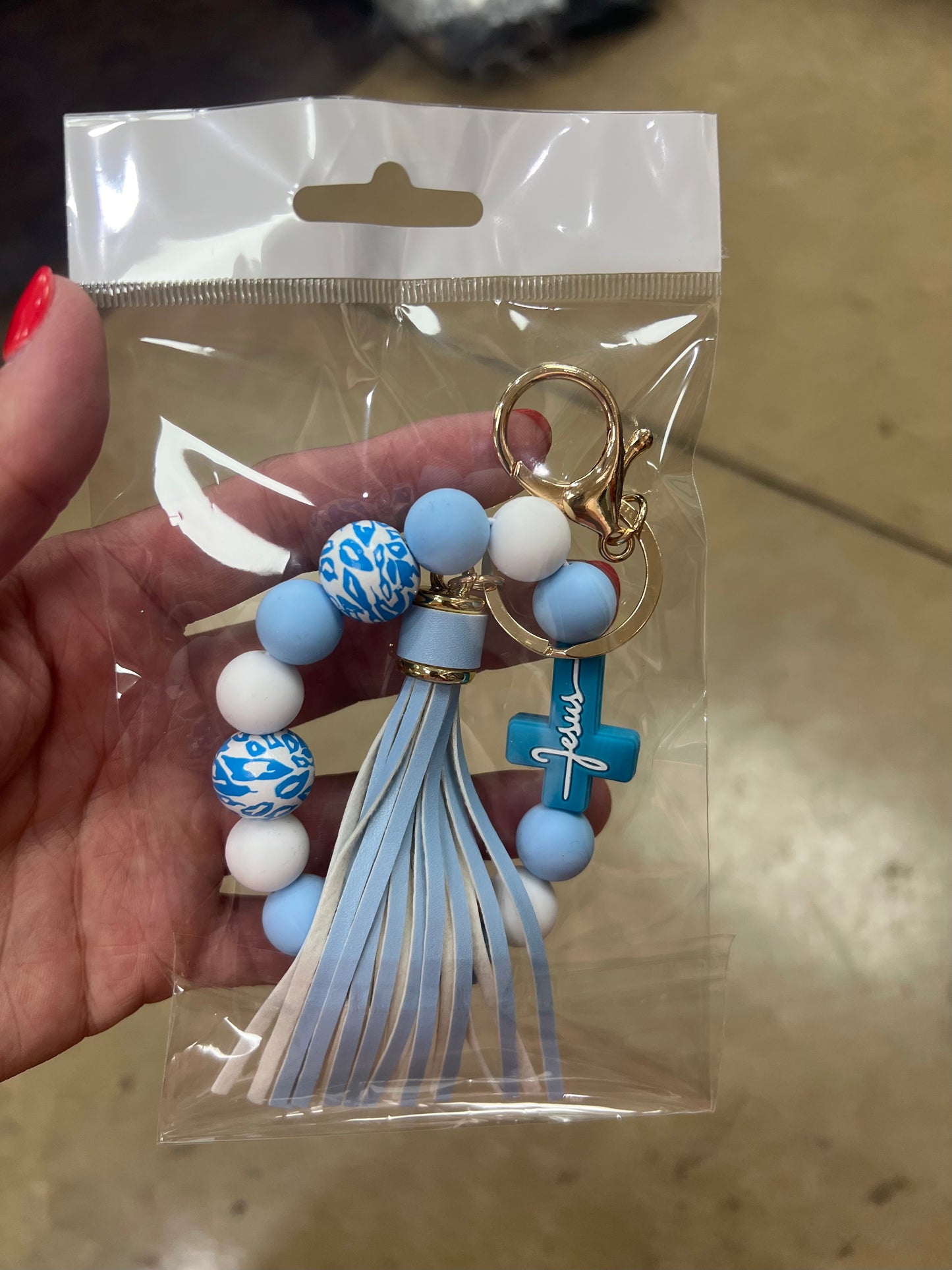 2593- Jesus Cross Stretch Beaded O-Ring Keychain *Pick Color*