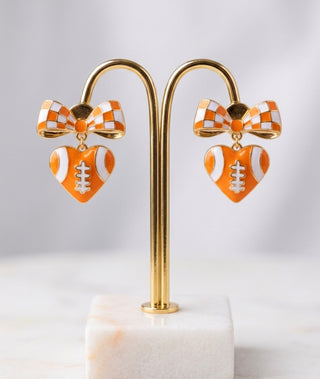 Checkered Bow Orange White Heart Football Earrings