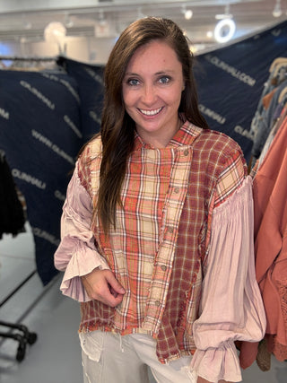 Washed Plaid Mix Ruffle Cuff Asymmetrical Top - Mauve *PREORDER* Oli & Hali | Dallas