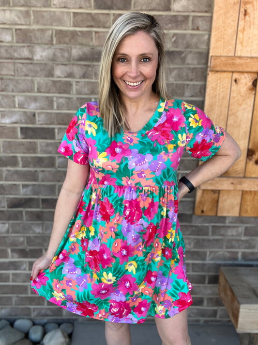 576- Emerald & Fuchsia Babydoll Floral Print Dress w/ Pockets