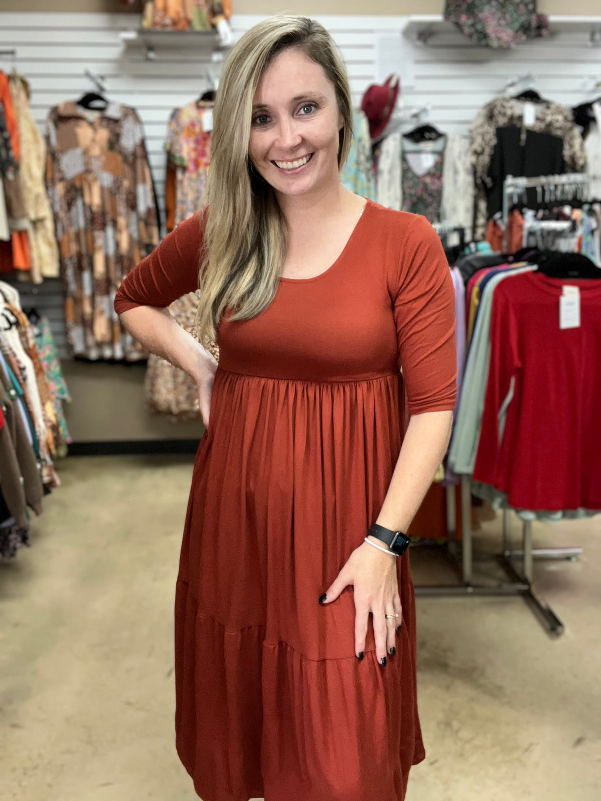 3395- Rust Tier Mid Calf Butter Soft Dress