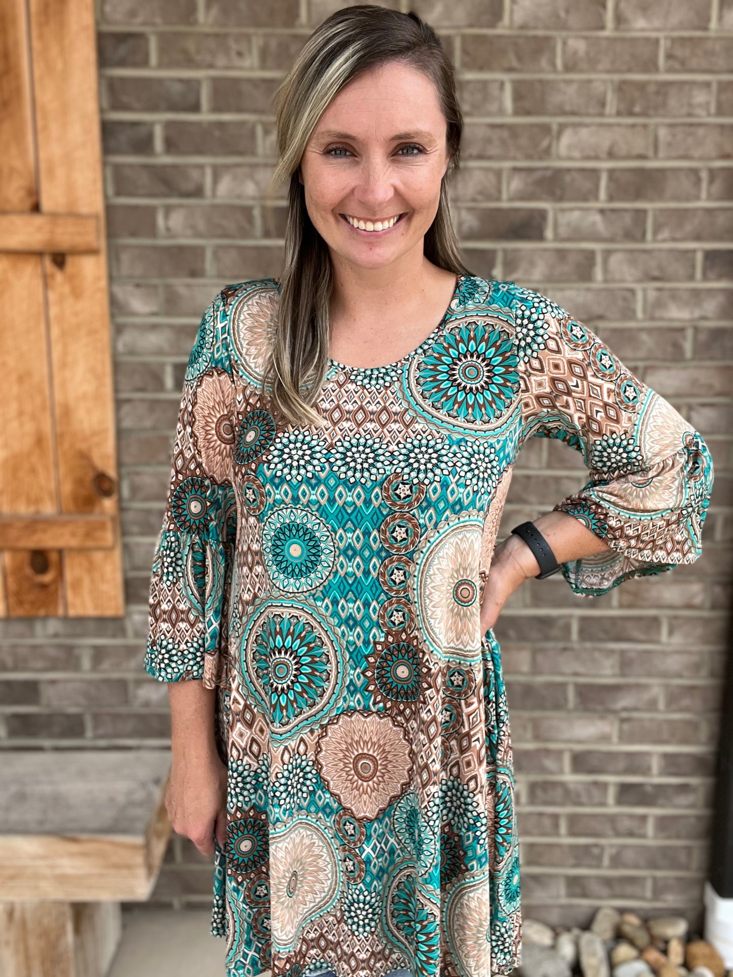 2659- Turquoise & Brown Mandala 3/4 Ruffle Sleeve Dress