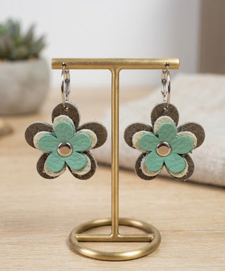 Khaki, Cream, Green Daisy Leather Earrings by Deb