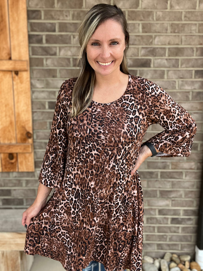 2658- Leopard Print 3/4 Sleeve Ruffle Dress w/ Pockets