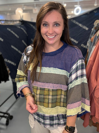 Washed Fabric Mix Color Block Top - Navy *PREORDER* Oli & Hali | Dallas
