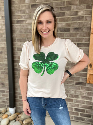 948- Shamrock Sequin Puff Sleeve Top