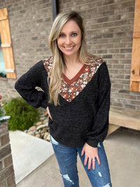 20510- Charcoal Mineral Wash Top w/ Floral Necklace Detail