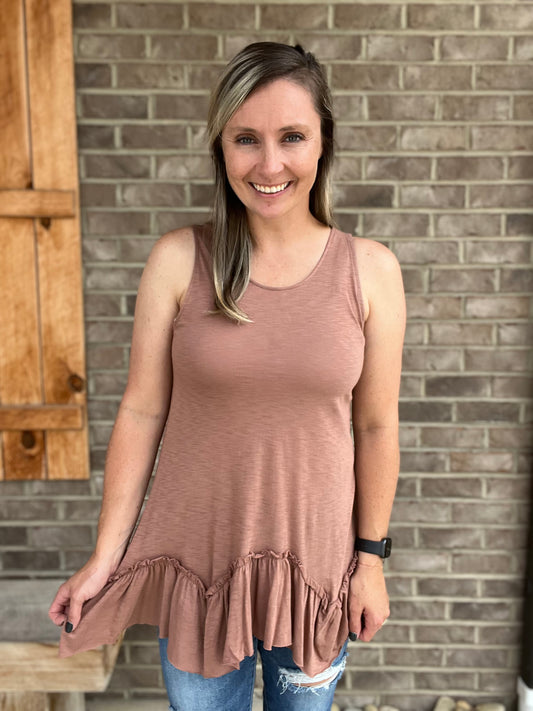 2654- Brown Ruffle Base Tank Top