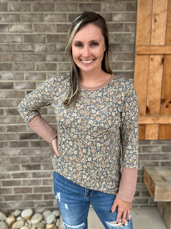 2674- Washed Navy & Brown Floral Long Sleeve Top