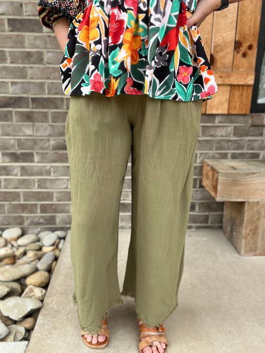 2662- Light Olive Wide Leg Linen Pants