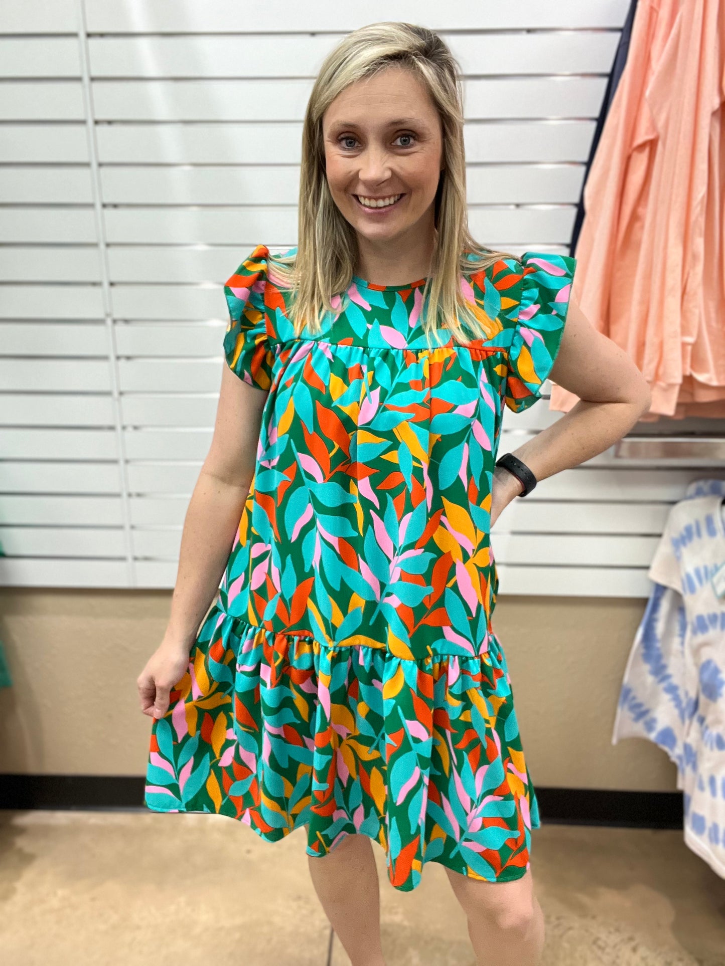 933- Green & Orange Leaf Print Woven Dress w/ Pockets