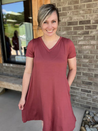 2448- Marsala Butter Soft V-Neck Short Sleeve Dress w/ Pockets