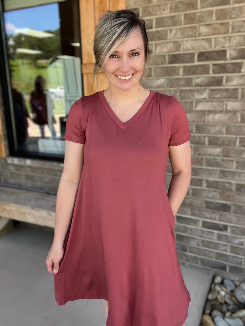 2448- Marsala Butter Soft V-Neck Short Sleeve Dress w/ Pockets
