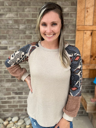 2675- Oatmeal Waffle Top w/ Aztec Sleeve Detail