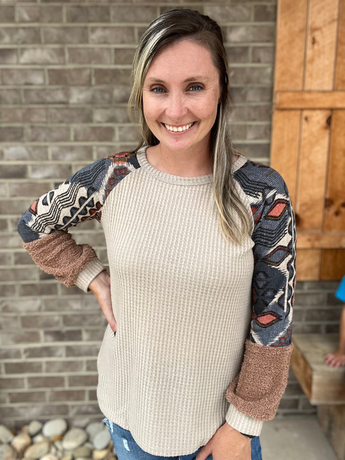 2675- Oatmeal Waffle Top w/ Aztec Sleeve Detail