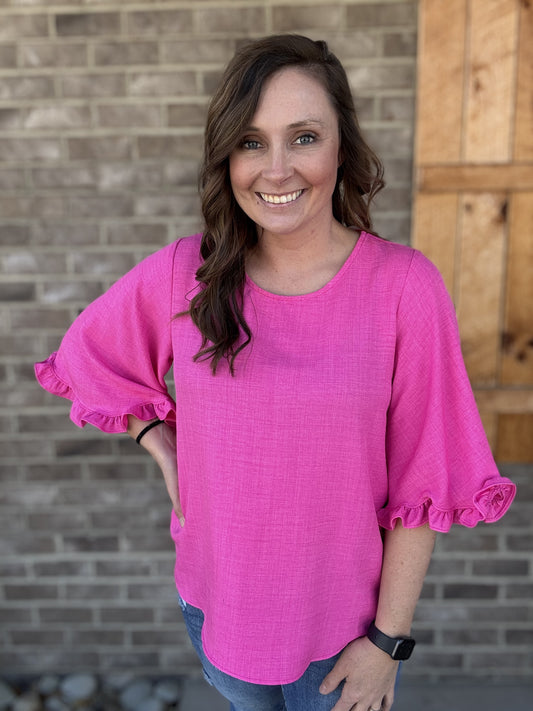 Pink Woven Top w/ Ruffle Sleeves