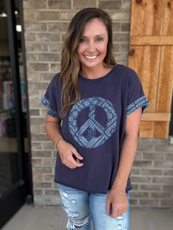 Blue Patch Peace Sign Short Sleeve Top by Umgee