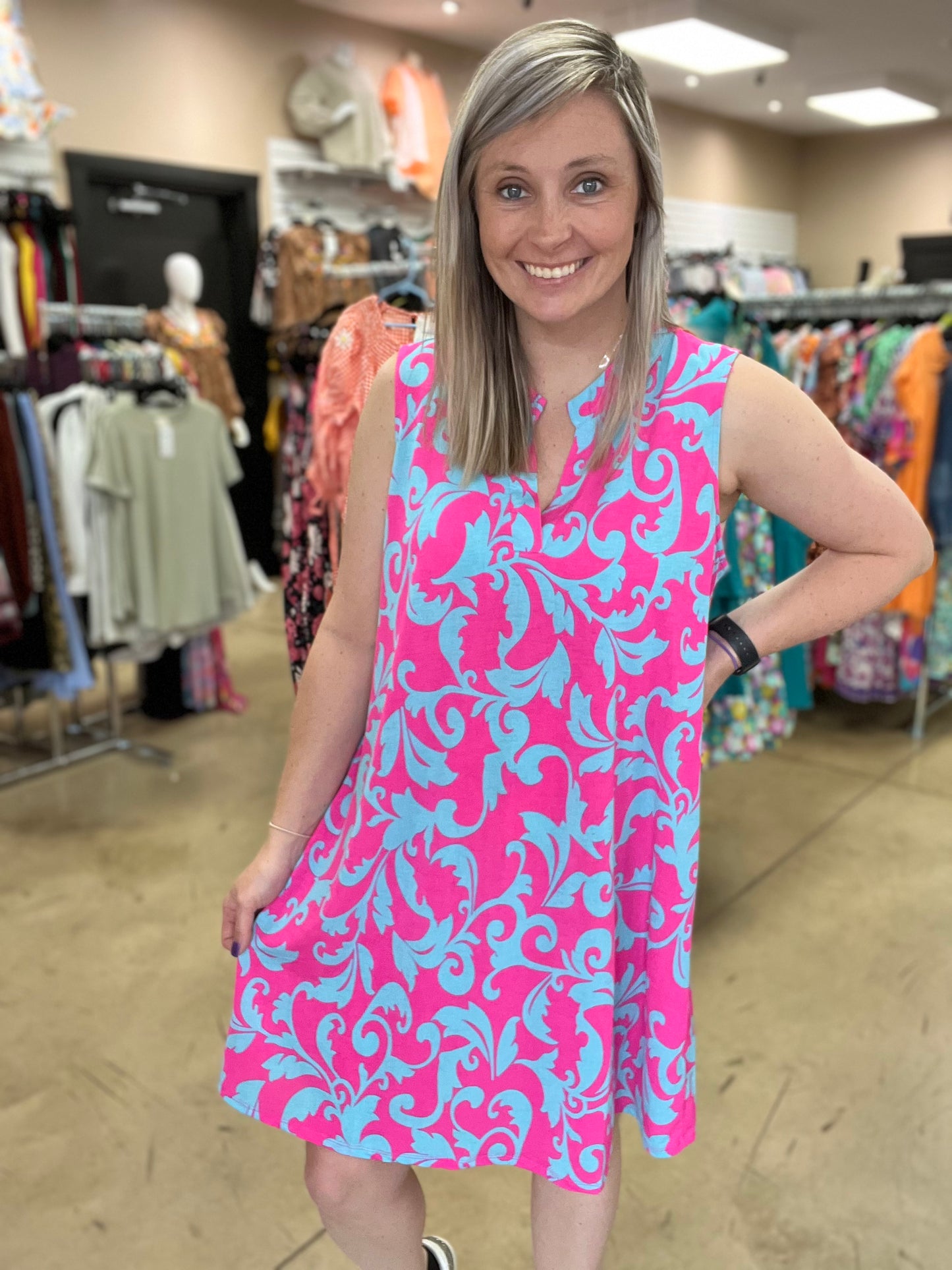 2022- Fuchsia & Mint Pattern Tank Dress