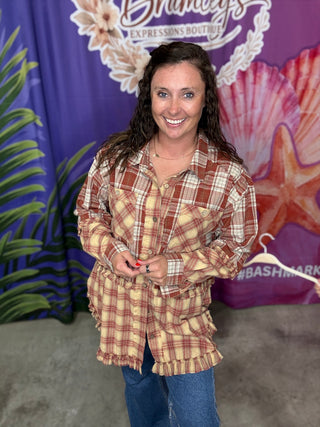 Washed Plaid Mix Ruffle Hem Button Down Shirt | OLI & HALI MARKET PREORDER