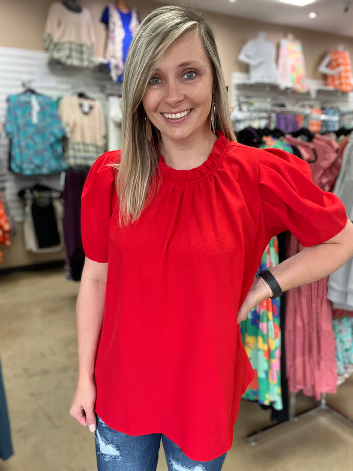 968- Red Pleated Bubble Short Sleeve Top