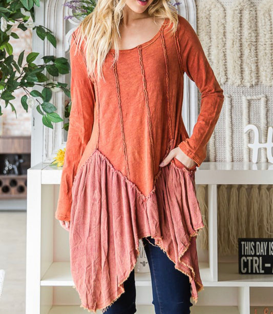 10157- Brick Shark Bite Tunic w/ Raw Hem