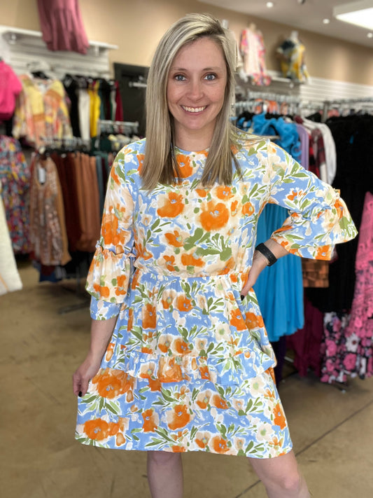 1081- Orange & Blue Floral Tier Dress w/ Bell Sleeves