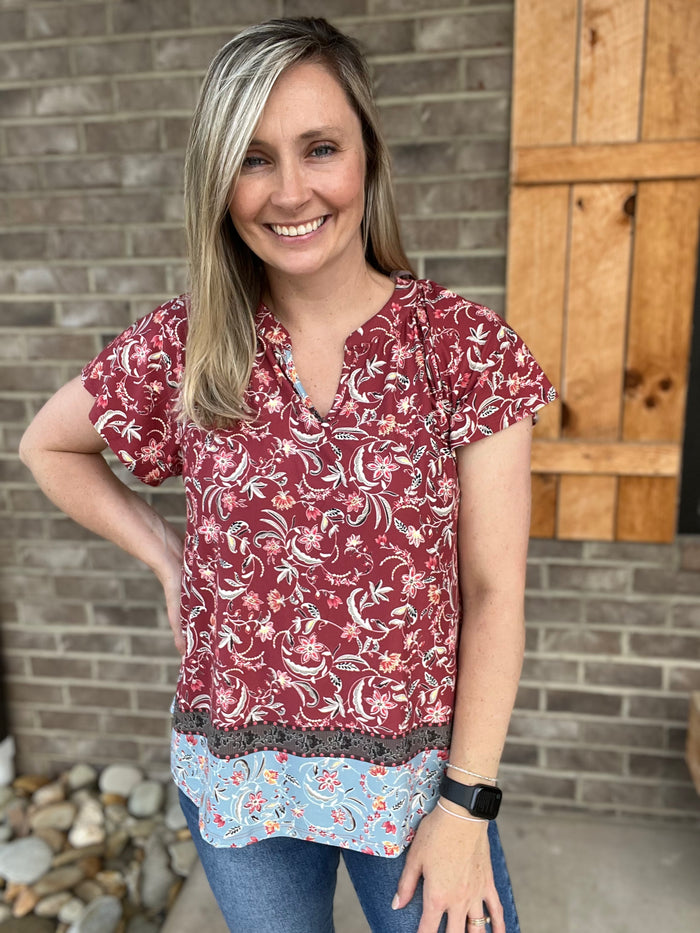 2287- Paisley Maroon Top w/ Trim Base